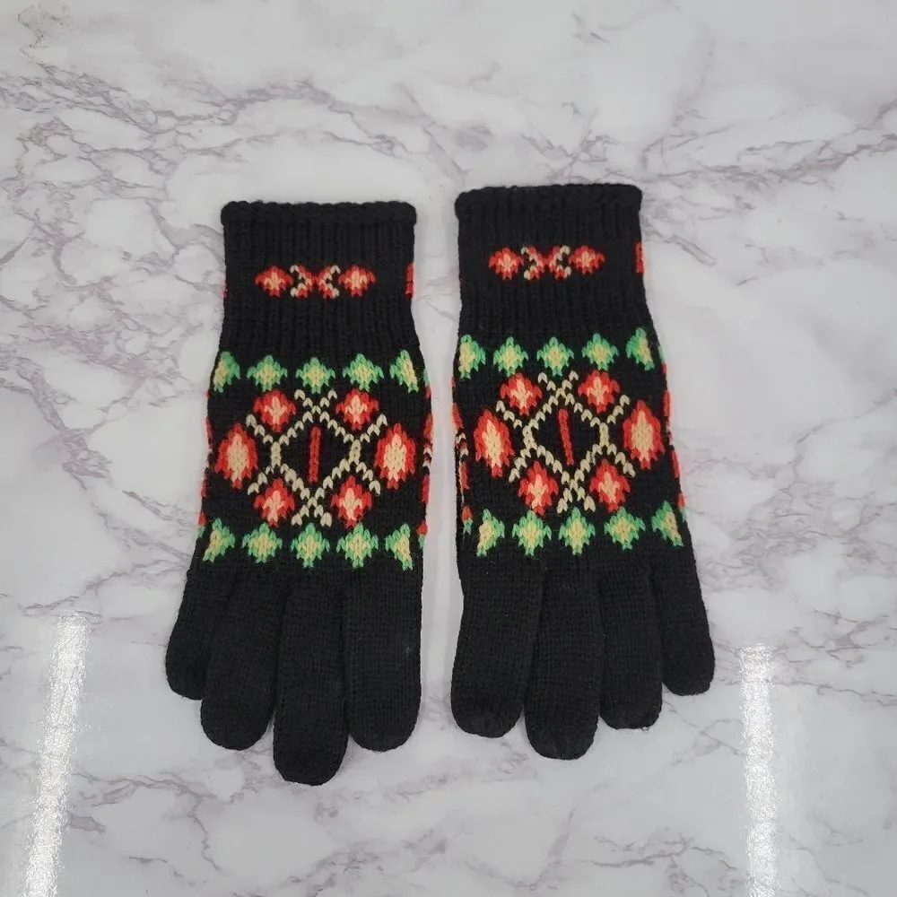 Vintage Handknit Gloves Black with Green Red Cream Nordic Fair Isle Designs